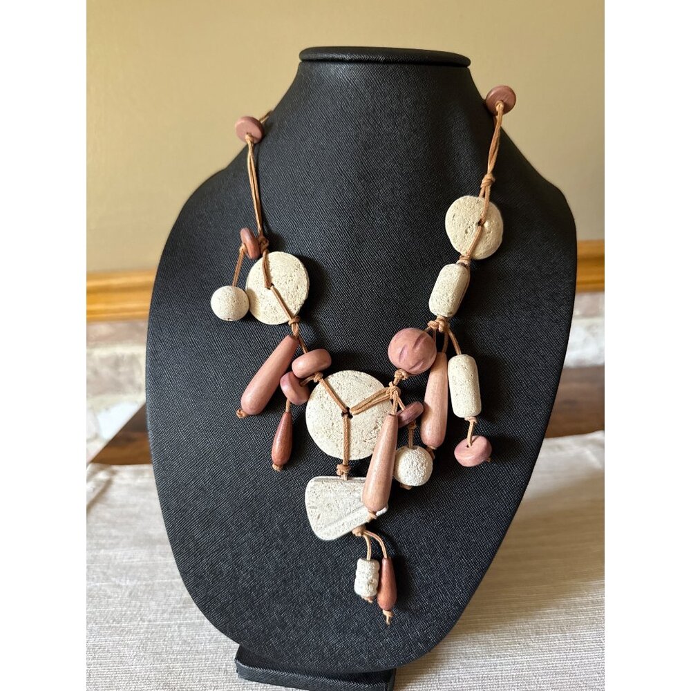 Vintage Boho Necklace Pumice Stone & Wood Beads on Suede Cord Earthy Statement